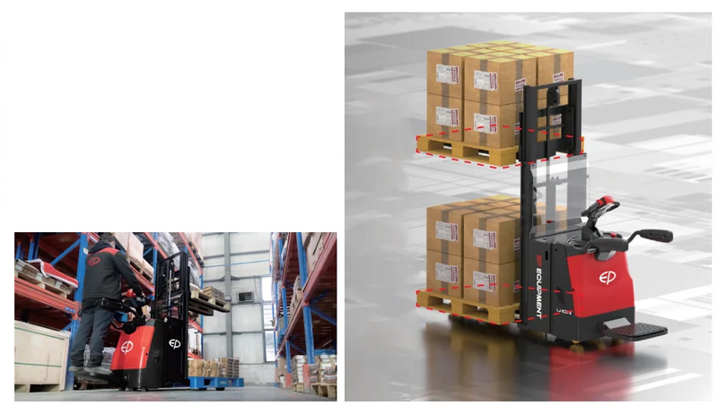 Die Doppelstockfunktion des RSi201 ermöglicht den gleichzeitigen Transport von zwei Paletten. Dadurch erhöht sich die Umschlagleistung pro Fahrt und die Anzahl der erforderlichen Fahrbewegungen in Bereichen mit hohem Warenaufkommen wird reduziert.