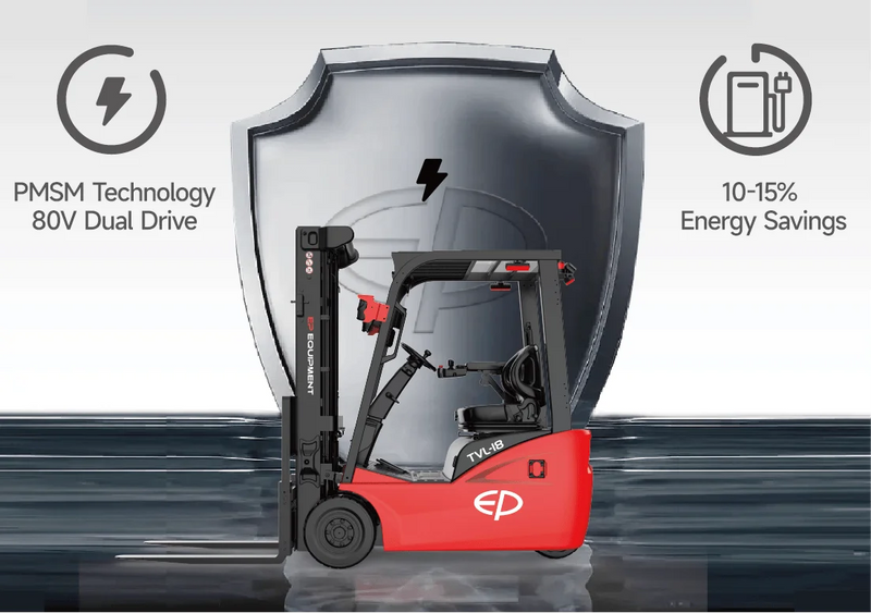 Ausgestattet mit 80V Dual-Drive-Motoren und fortschrittlicher Permanentmagnet-Synchronmotor (PMSM) Technologie bietet der TVL182/202 sensibles Steuern und bis zu 10-15% Energieeinsparungen im Vergleich zu herkömmlichen Gabelstaplern.